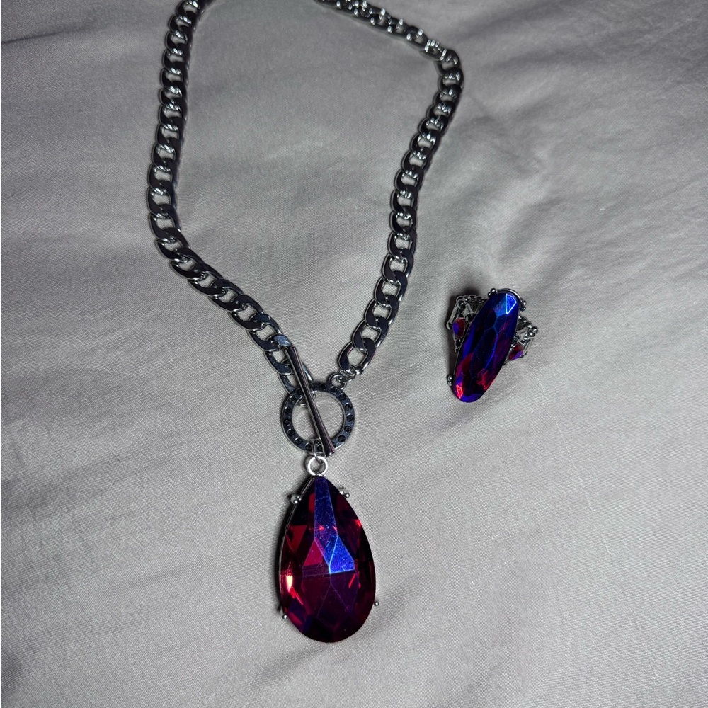 Elegant Purple and Silver Necklace and Ring Set